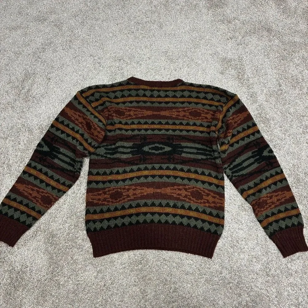 Vintage Campus Grandpa Sweater Men’s Medium - Green Brown Aztec Geometric 80s